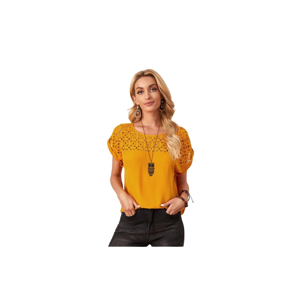 Shein Boho Top Crochet Mustard Yellow Short Sleeve Blouse 3XL to small flaws